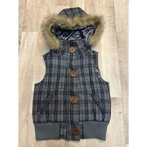 Urban Behavior Plaid Faux Fur Hooded Vest Large Button Sz Small